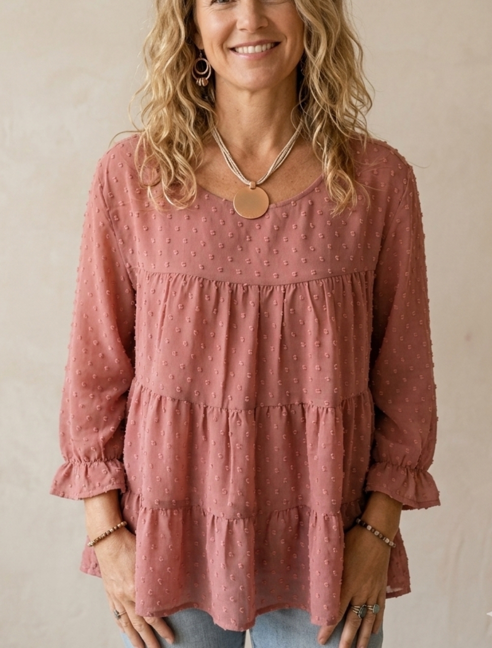 PRETTYGARDEN Dusty Rose Swiss Dot Tiered Lined Boho Blouse Top Medium